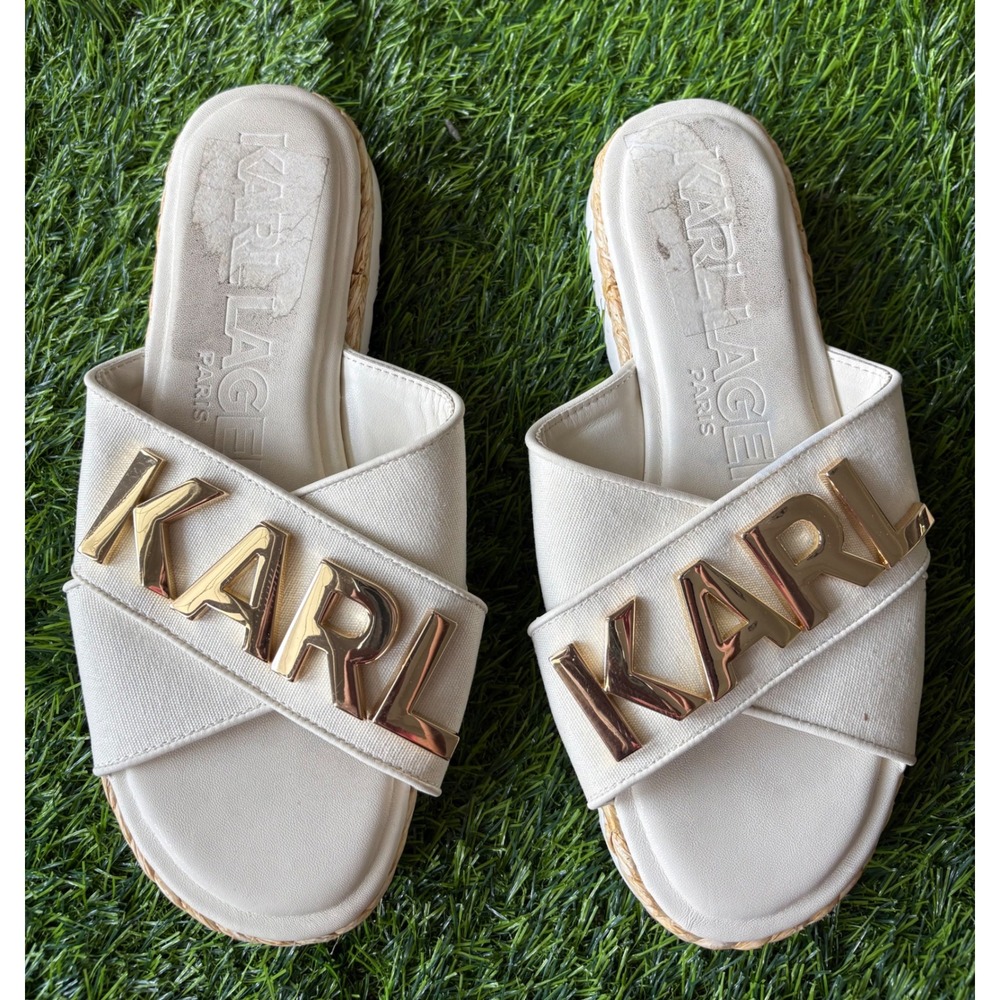 Karl Lagerfeld Paris Catherine Cream Logo Platform Slide Sandals Womens 7M